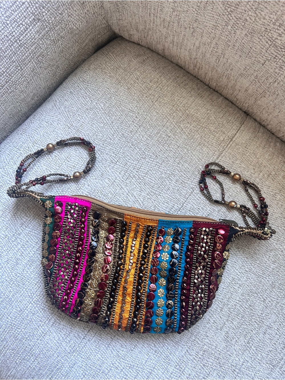 Handcrafted Multicolour Embroidered Potli Bag with Beaded Handle Wedding Party - Picture 3 of 6